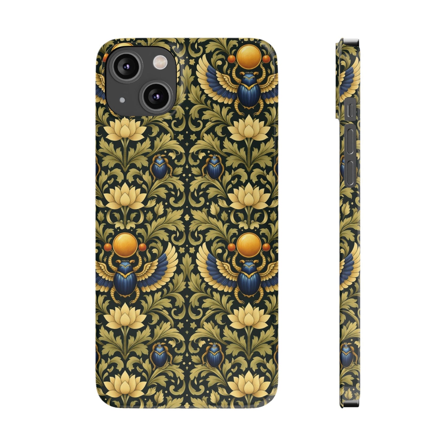 Slim Phone Case — Vintage Egyptian Scarab & Lotus Pattern (Gold on Olive)
