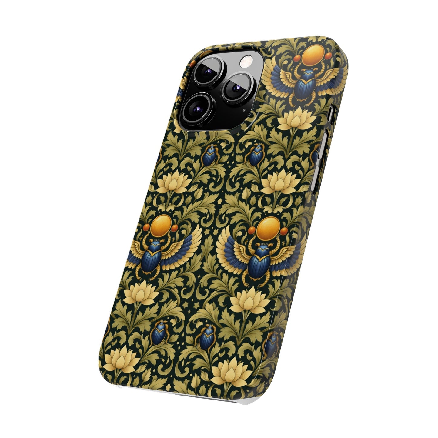 Slim Phone Case — Vintage Egyptian Scarab & Lotus Pattern (Gold on Olive)