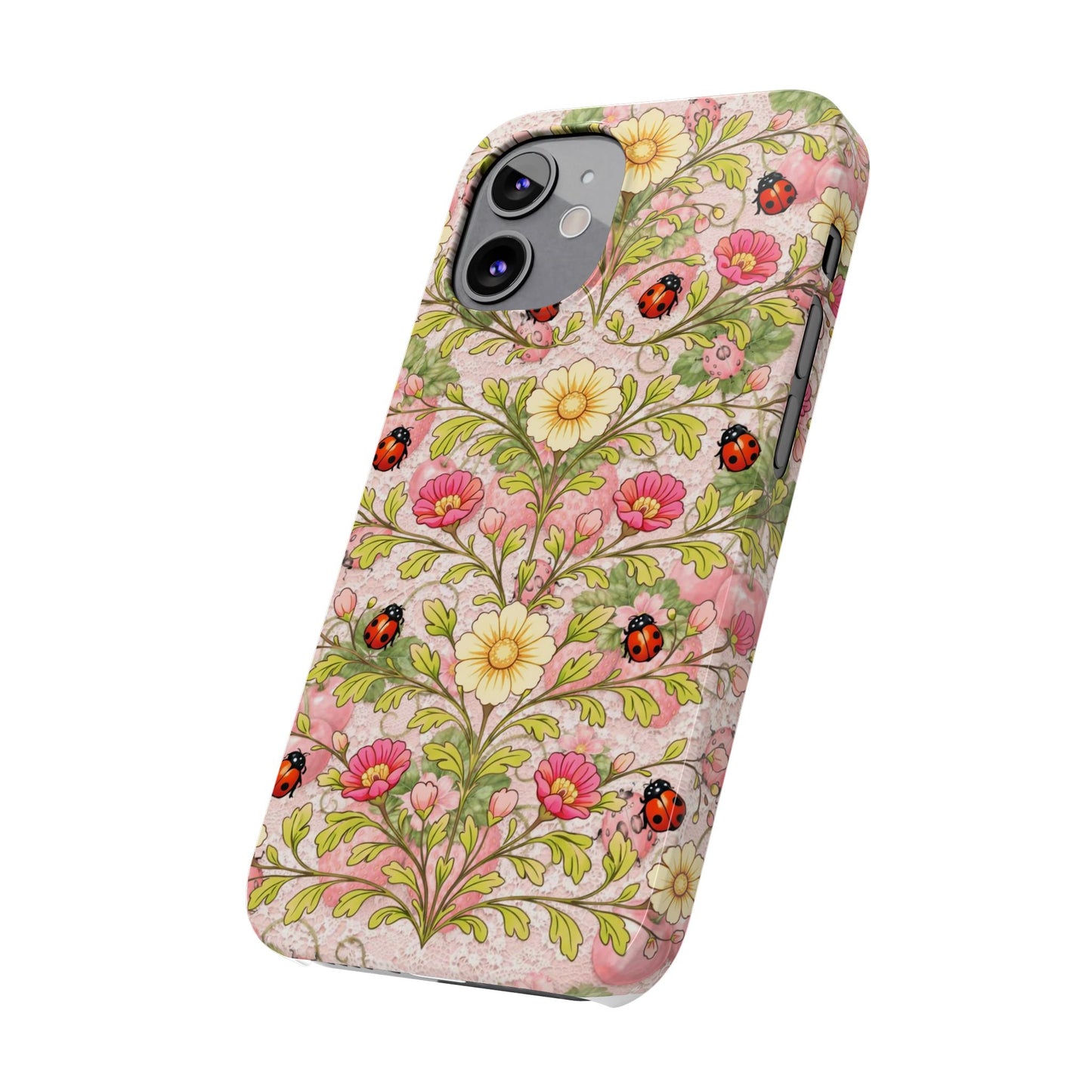 Floral Ladybug Slim Phone Case — Vintage Botanical Pink Garden Design