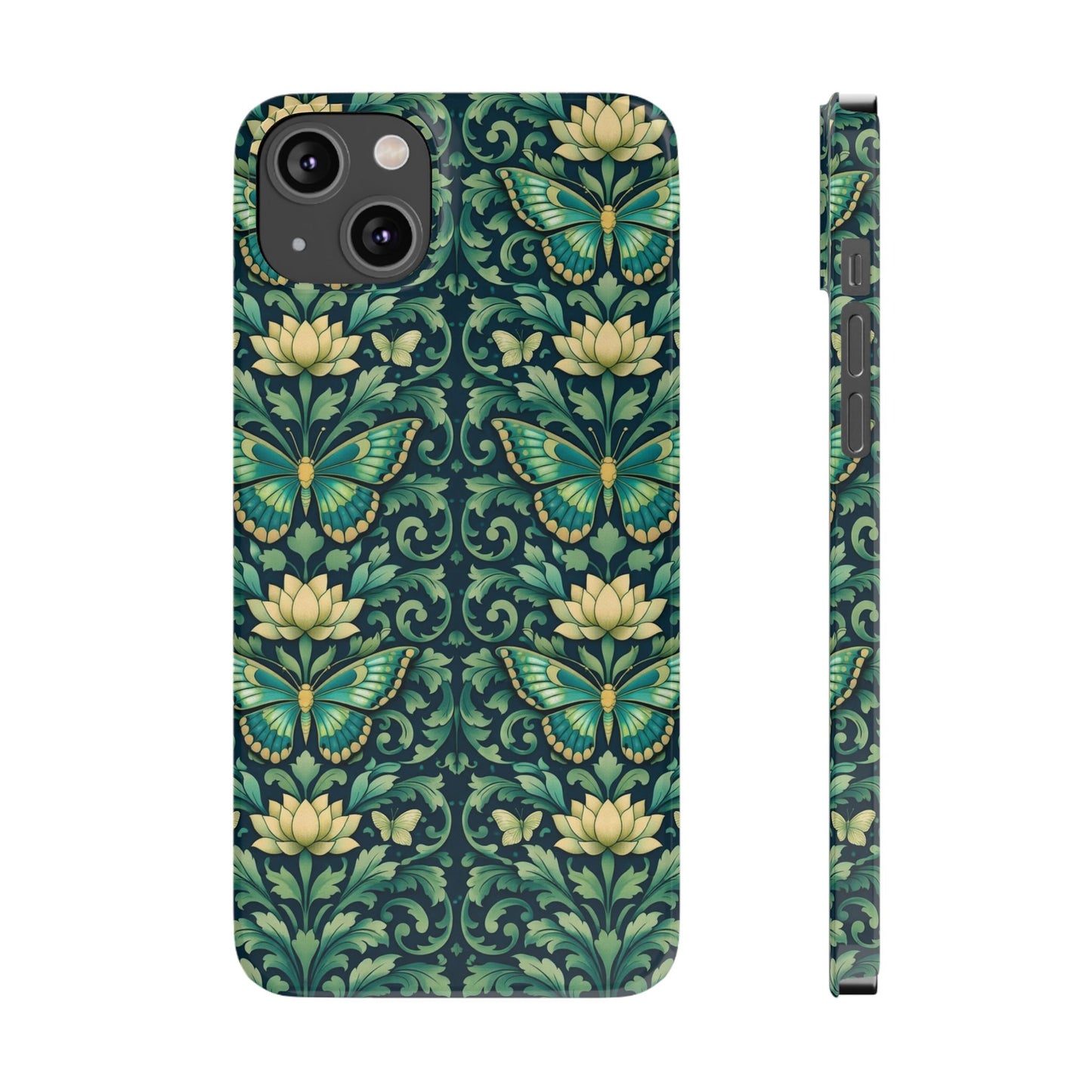 Slim Phone Case — Vintage Green Butterfly & Lotus Pattern