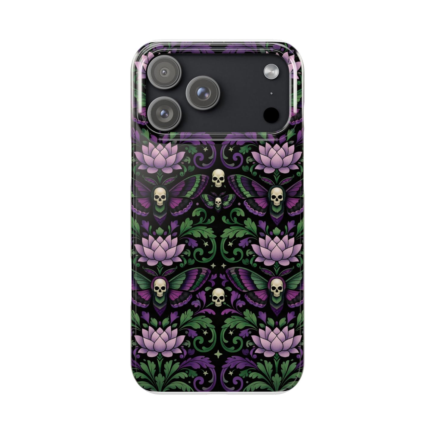 Gothic Lotus & Skull Slim Phone Case — Dark Floral Pattern for iPhone