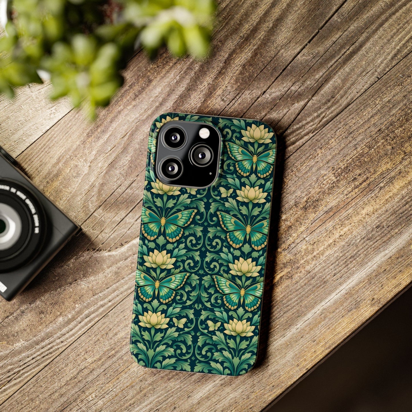 Slim Phone Case — Vintage Green Butterfly & Lotus Pattern