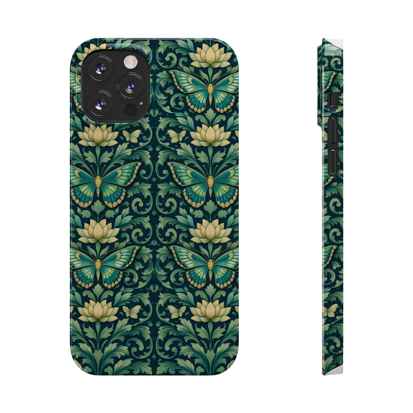 Slim Phone Case — Vintage Green Butterfly & Lotus Pattern