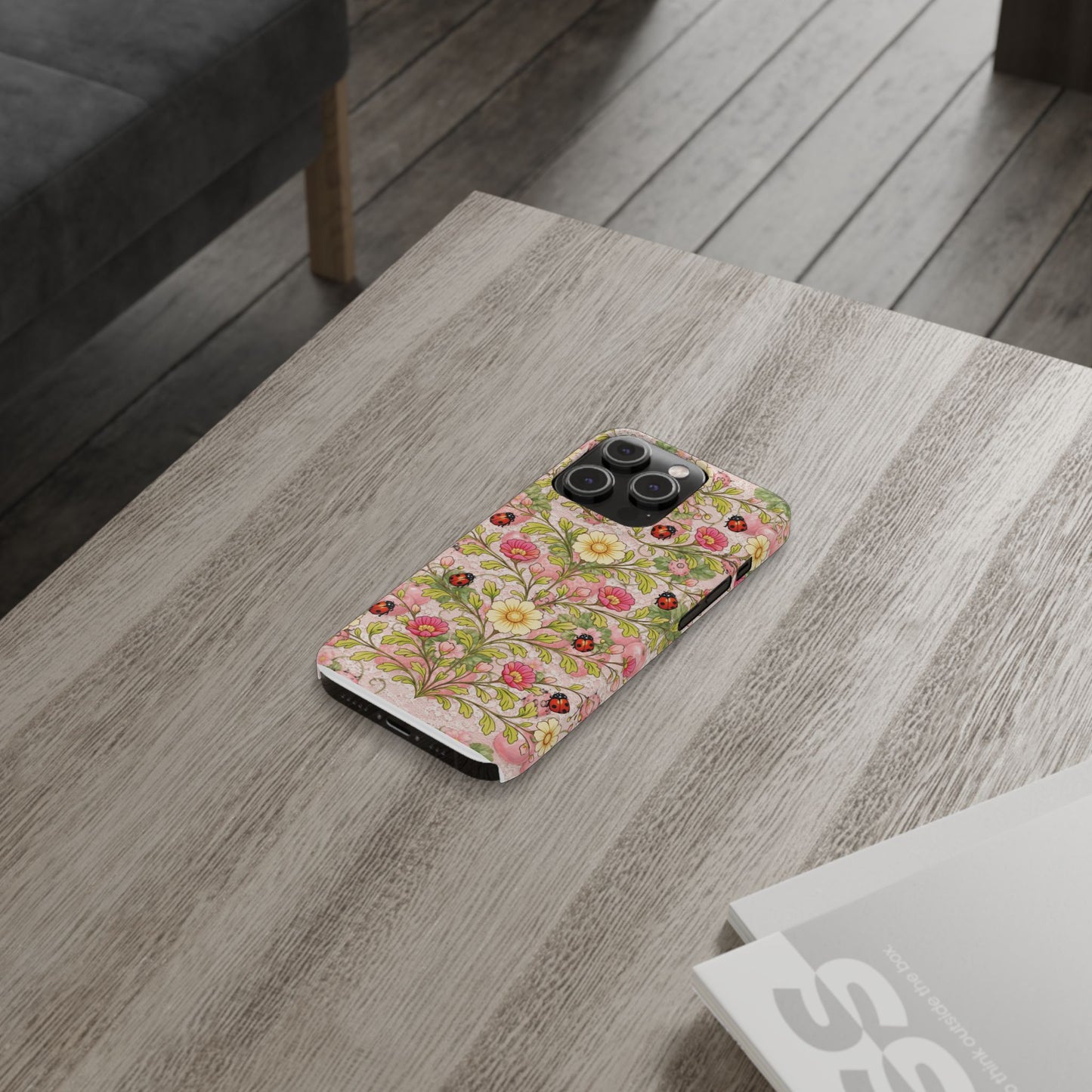 Floral Ladybug Slim Phone Case — Vintage Botanical Pink Garden Design
