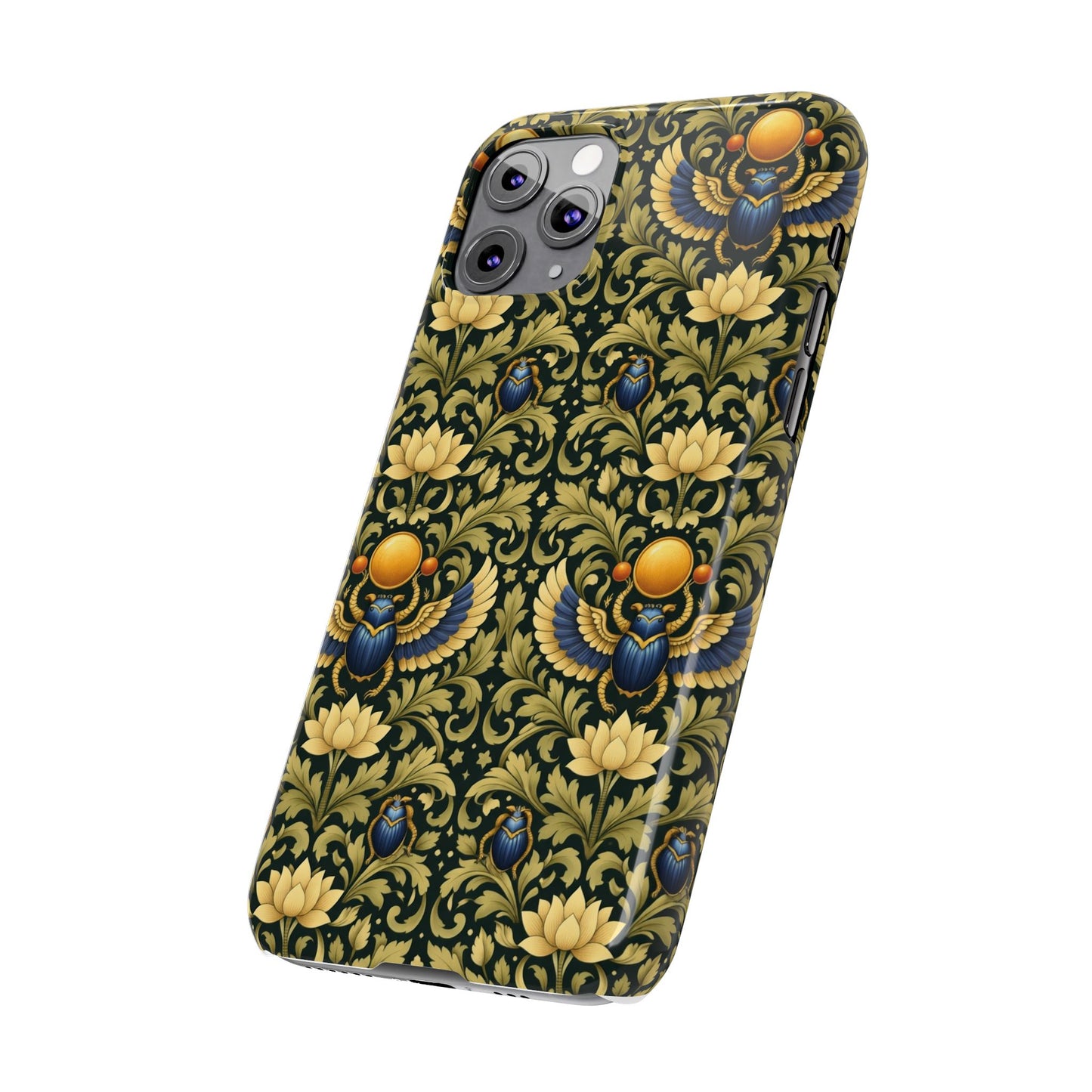 Slim Phone Case — Vintage Egyptian Scarab & Lotus Pattern (Gold on Olive)