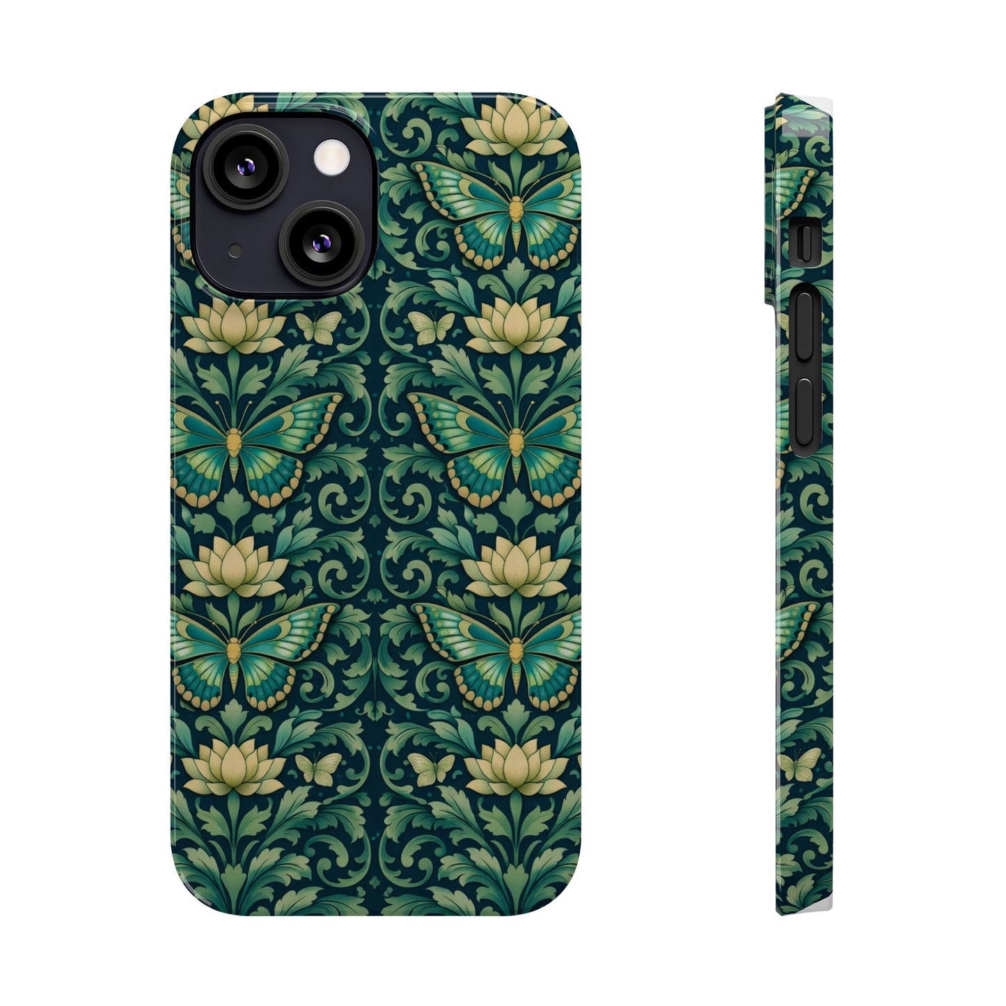 Slim Phone Case — Vintage Green Butterfly & Lotus Pattern