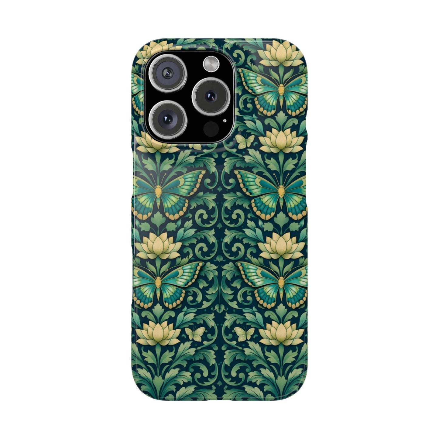 Slim Phone Case — Vintage Green Butterfly & Lotus Pattern