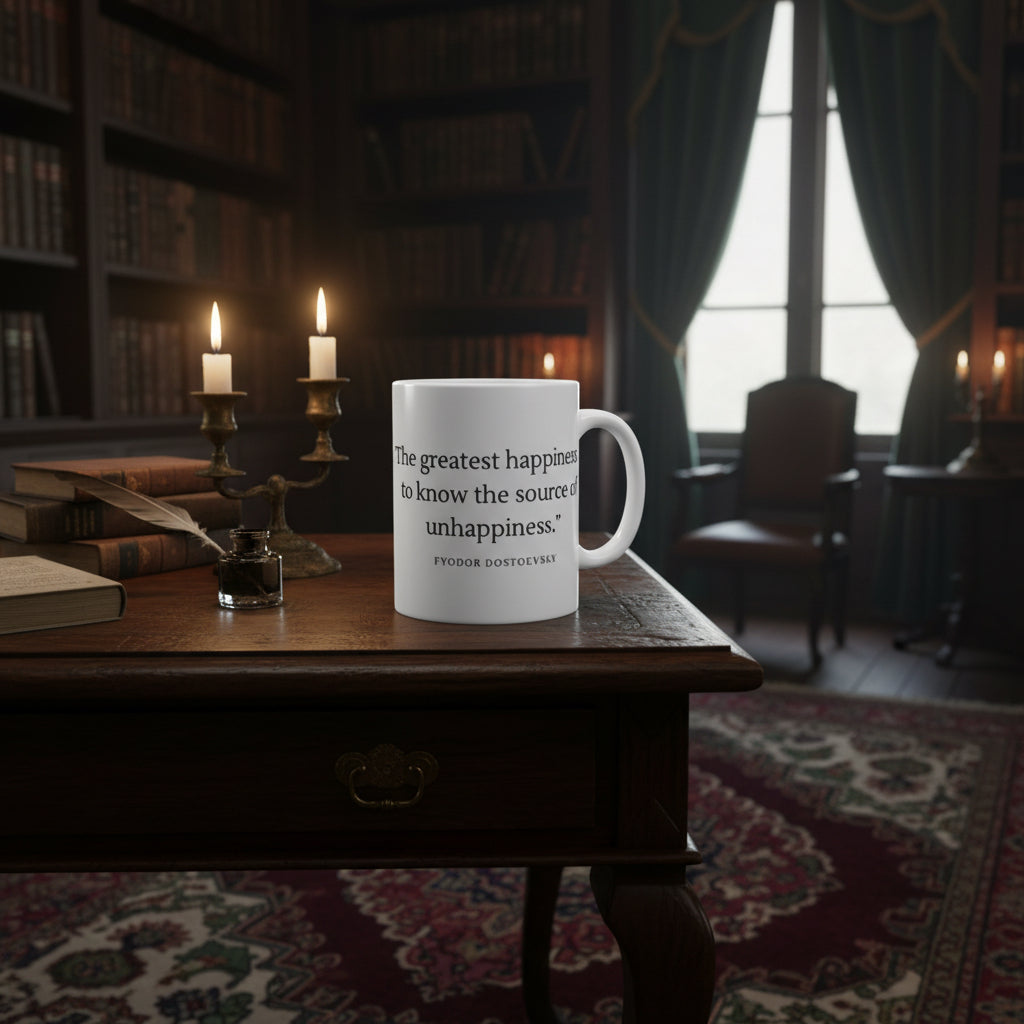 Inspirational Quote Coffee Mug — 'The greatest happiness is to know the source of your unhappiness' 11oz