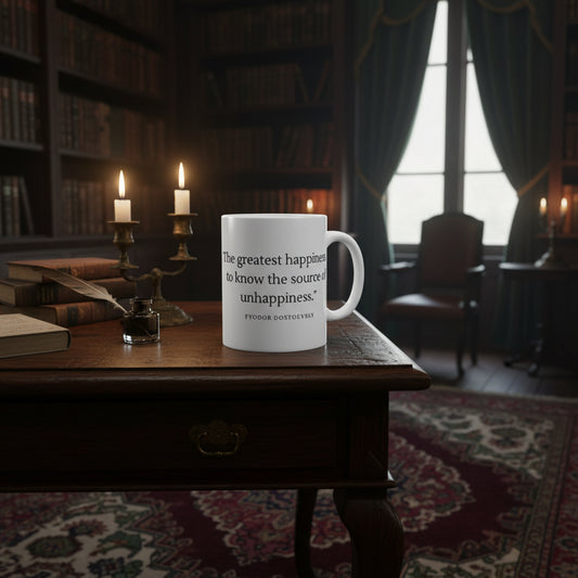 Inspirational Quote Coffee Mug — 'The greatest happiness is to know the source of your unhappiness' 11oz