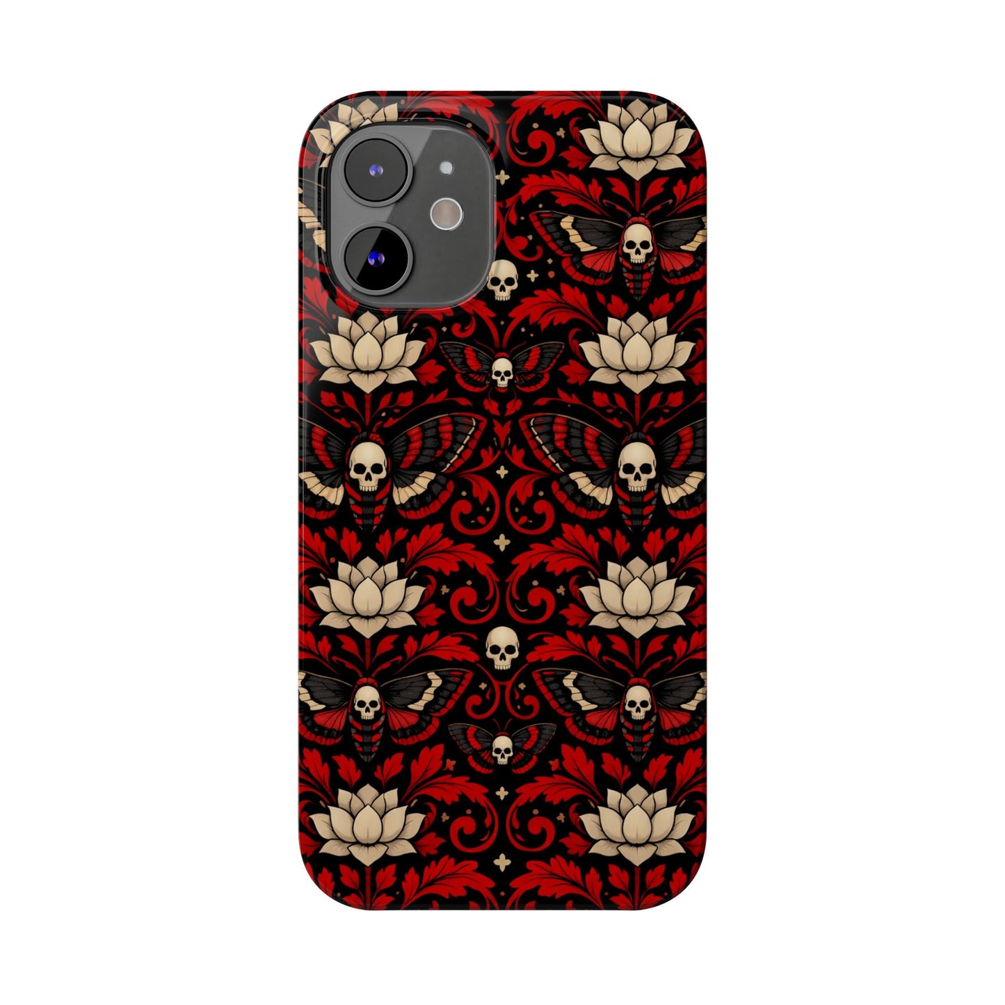 Gothic Skull & Lotus Slim Phone Case — Red Damask Moth Pattern