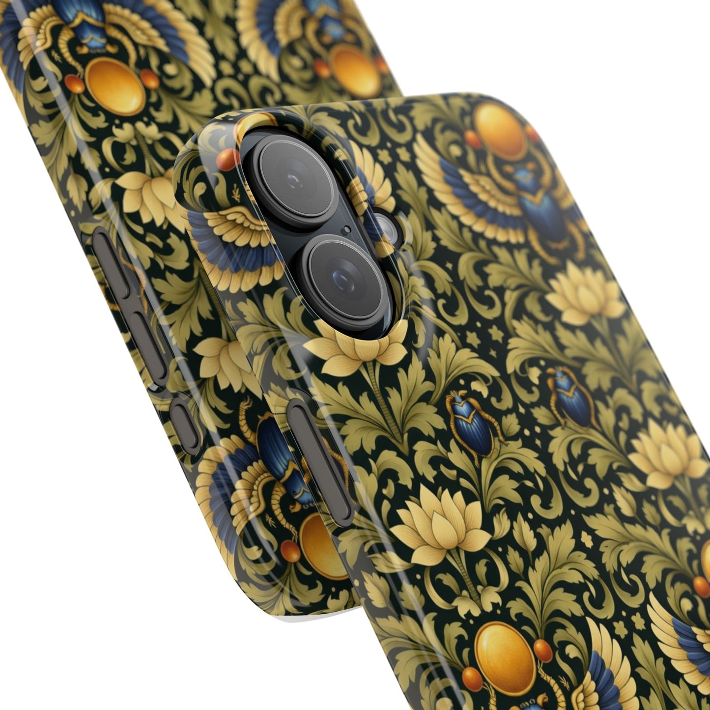 Slim Phone Case — Vintage Egyptian Scarab & Lotus Pattern (Gold on Olive)