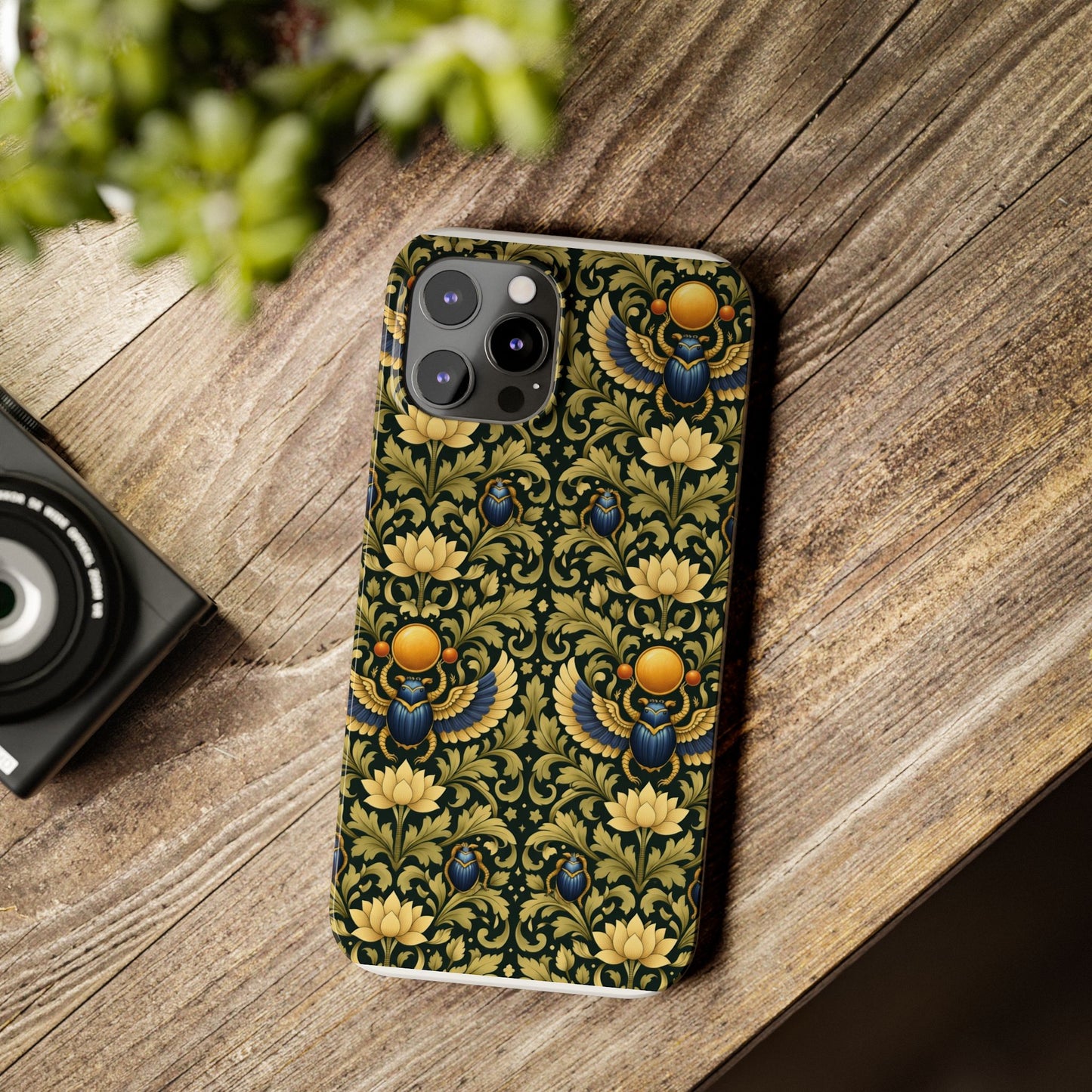 Slim Phone Case — Vintage Egyptian Scarab & Lotus Pattern (Gold on Olive)