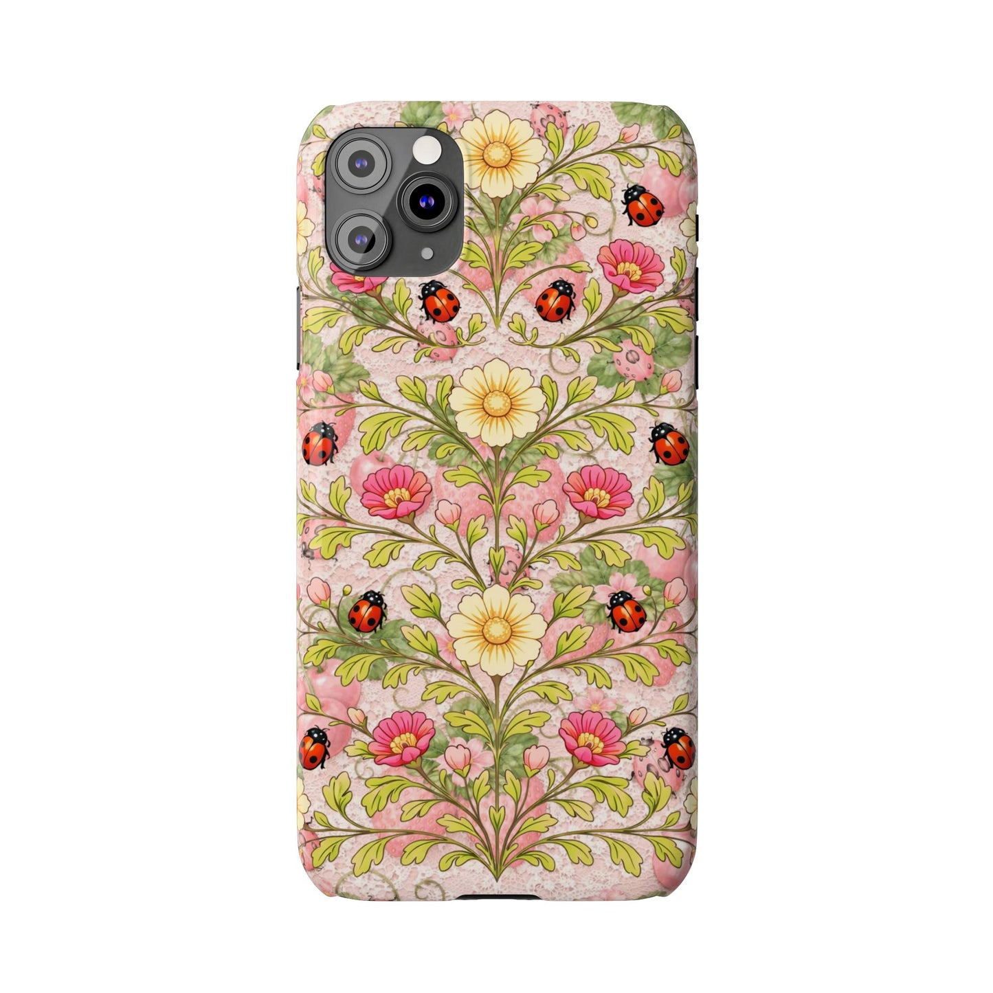 Floral Ladybug Slim Phone Case — Vintage Botanical Pink Garden Design