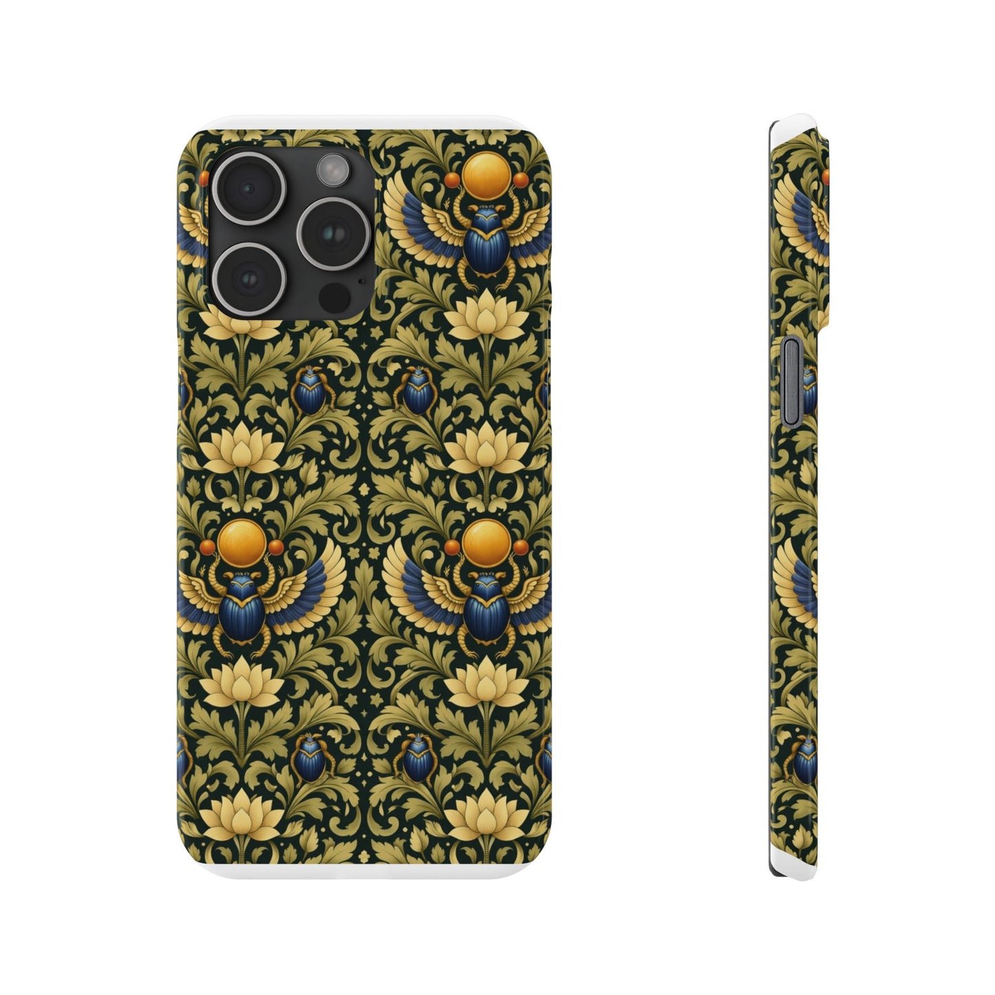 Slim Phone Case — Vintage Egyptian Scarab & Lotus Pattern (Gold on Olive)