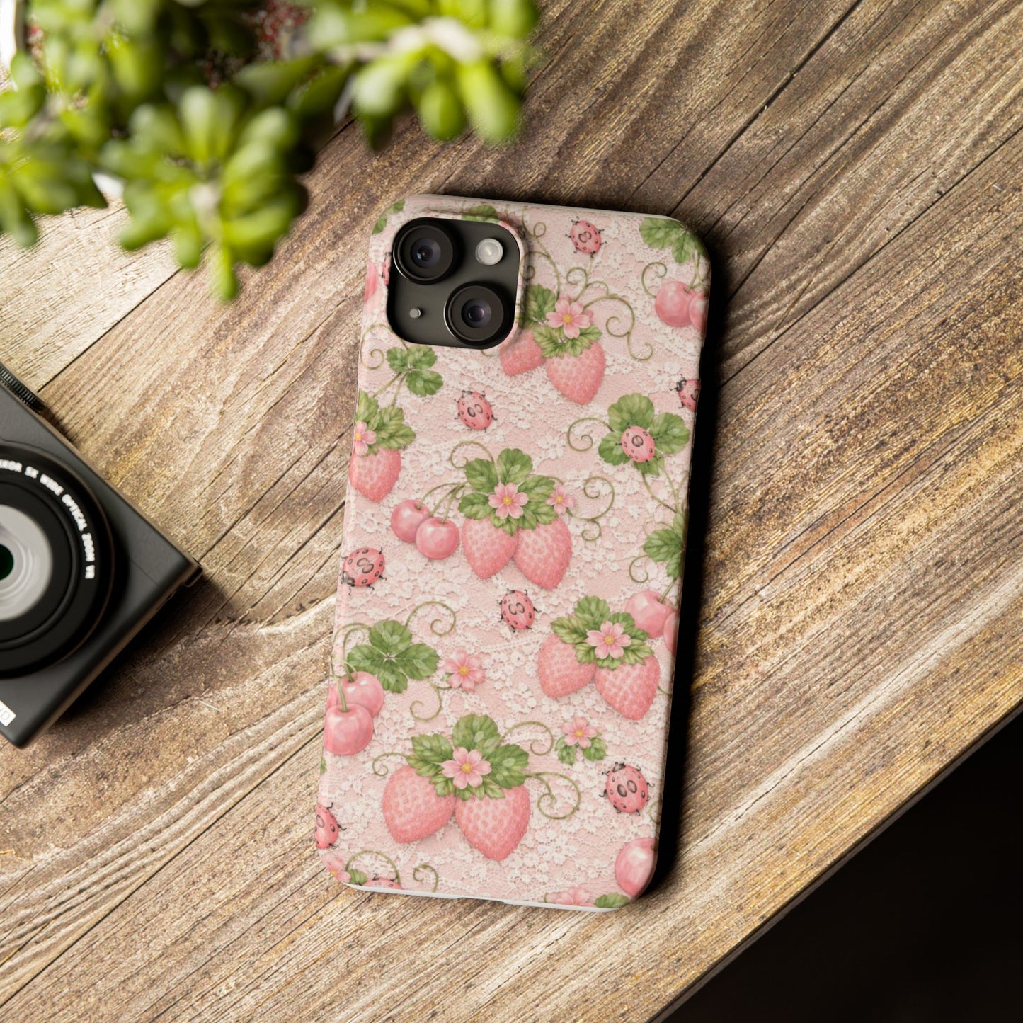 Strawberry Pattern Slim Phone Case — Vintage Pink Floral Fruit Design