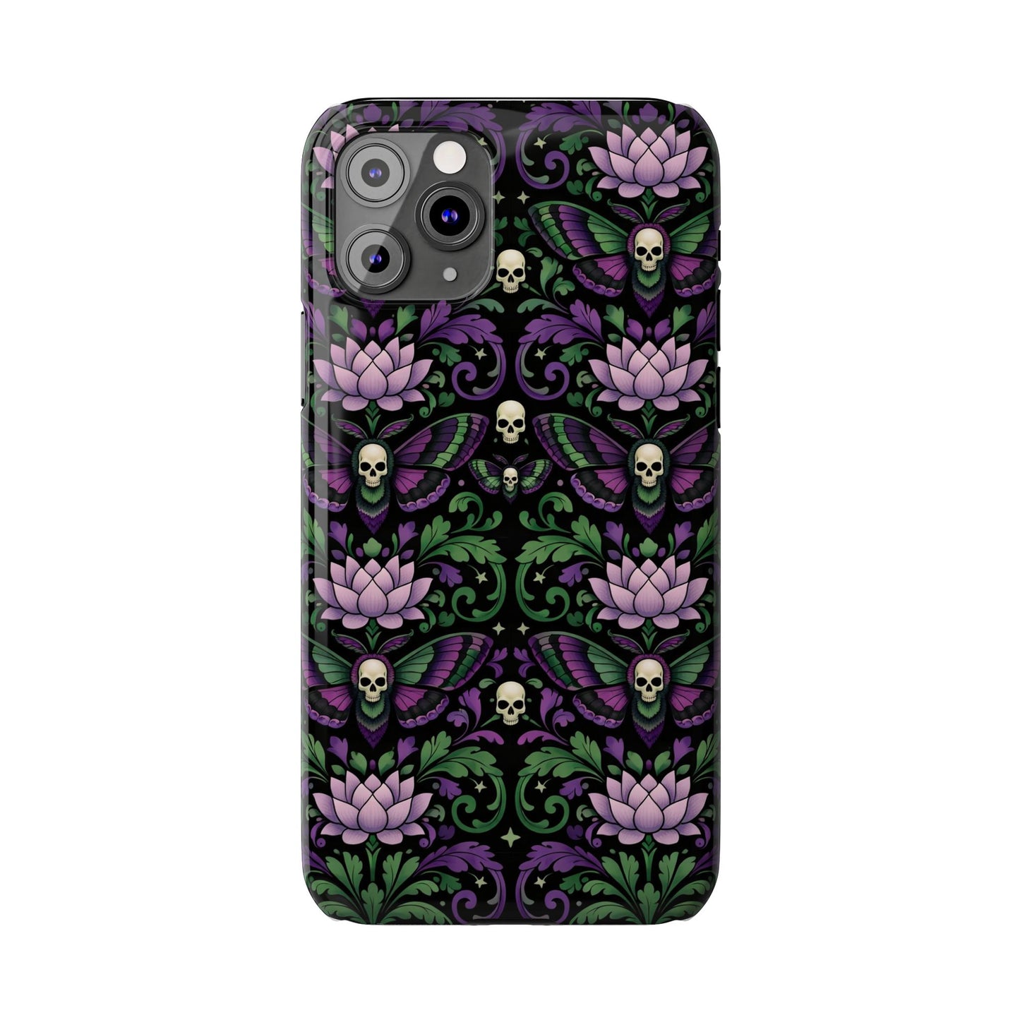 Gothic Lotus & Skull Slim Phone Case — Dark Floral Pattern for iPhone