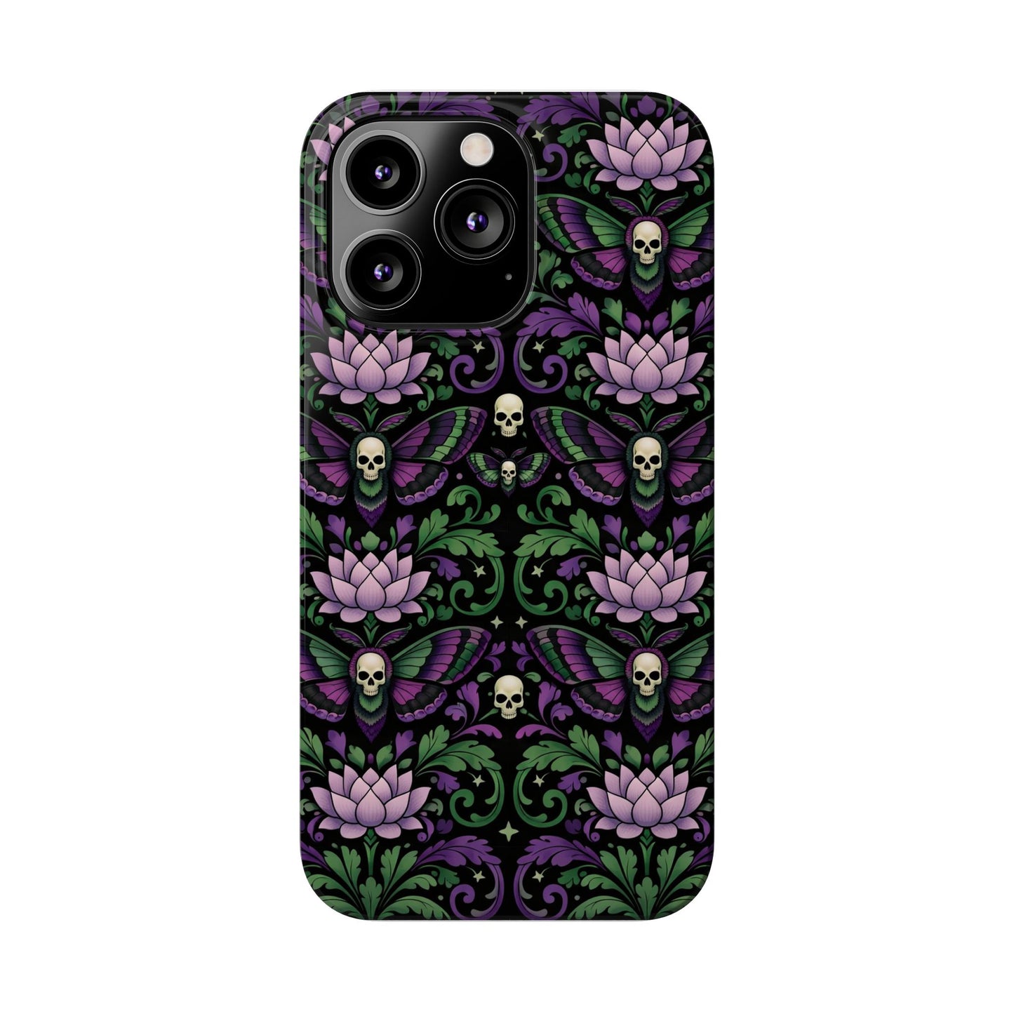 Gothic Lotus & Skull Slim Phone Case — Dark Floral Pattern for iPhone