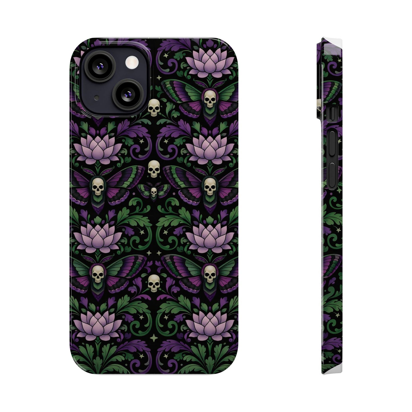 Gothic Lotus & Skull Slim Phone Case — Dark Floral Pattern for iPhone