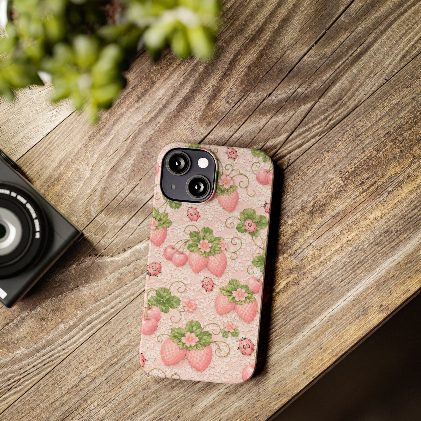 Strawberry Pattern Slim Phone Case — Vintage Pink Floral Fruit Design
