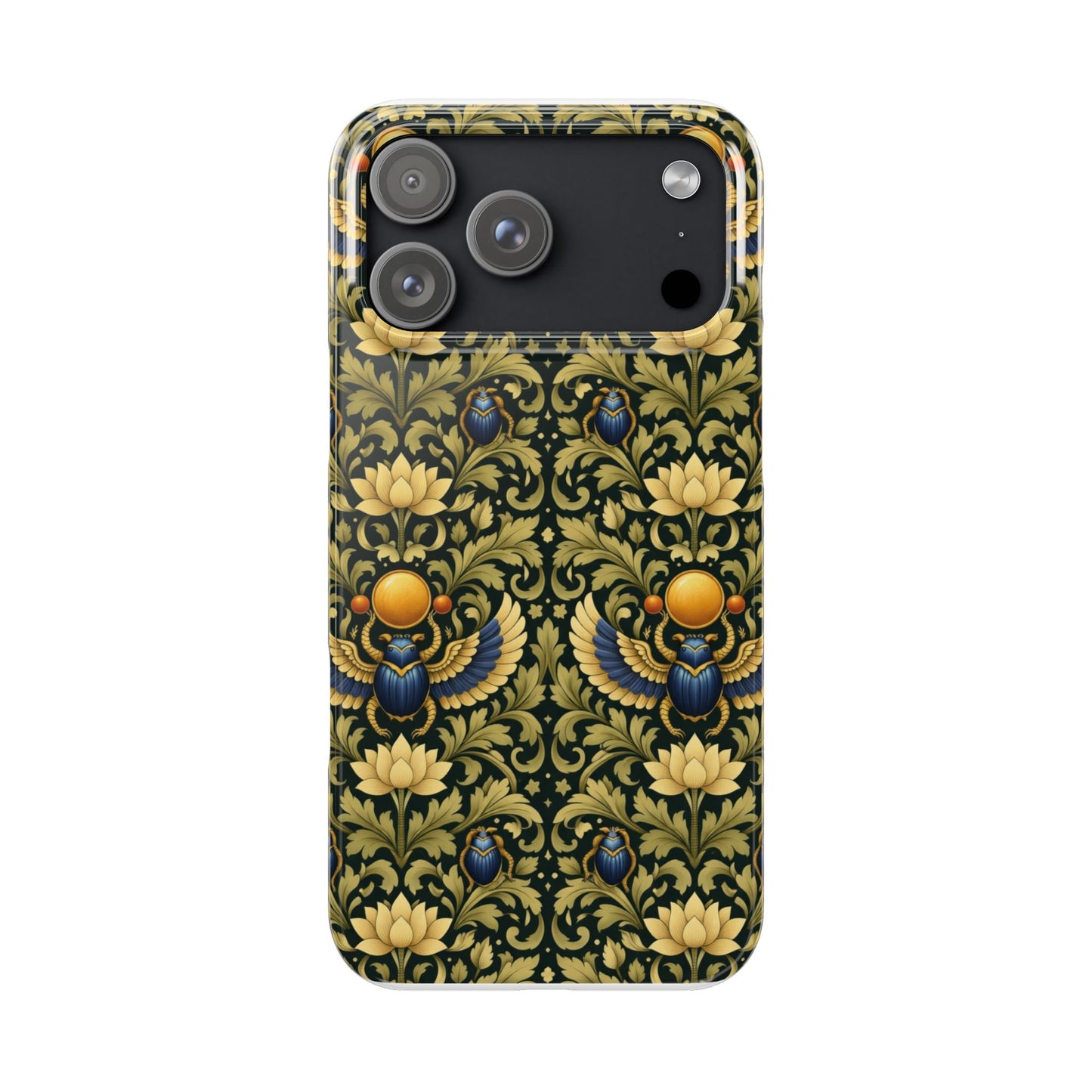 Slim Phone Case — Vintage Egyptian Scarab & Lotus Pattern (Gold on Olive)