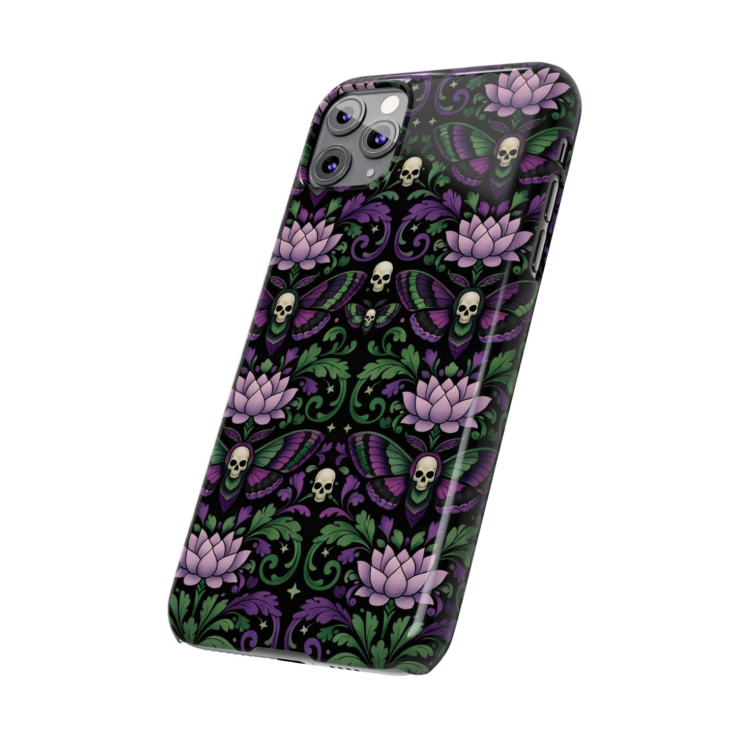 Gothic Lotus & Skull Slim Phone Case — Dark Floral Pattern for iPhone