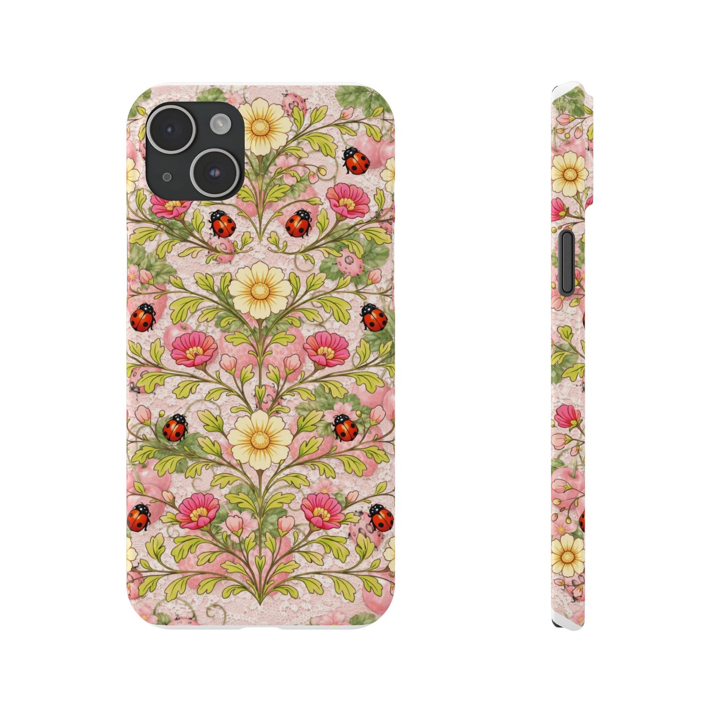 Floral Ladybug Slim Phone Case — Vintage Botanical Pink Garden Design