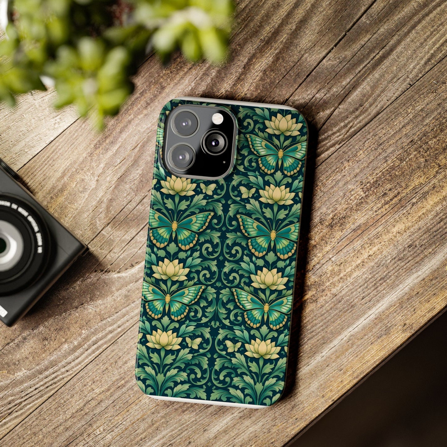 Slim Phone Case — Vintage Green Butterfly & Lotus Pattern