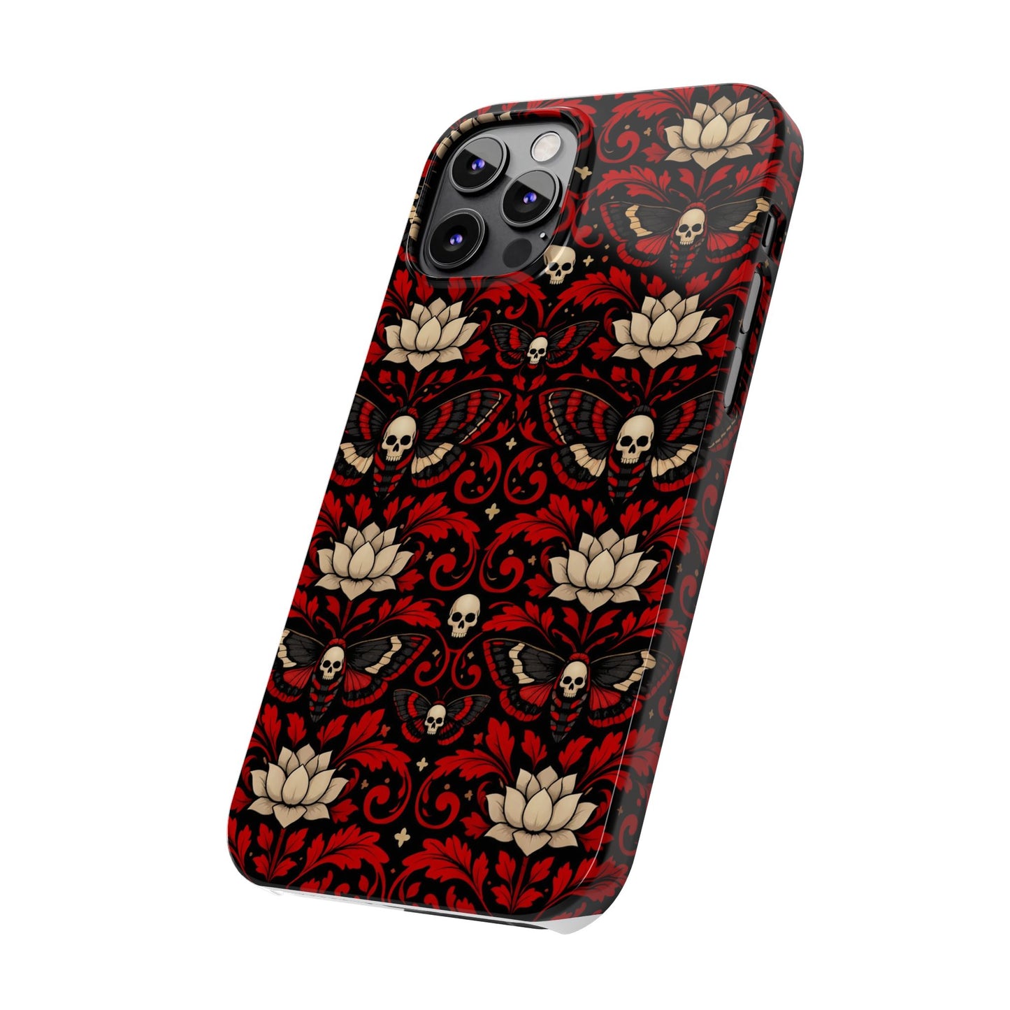 Gothic Skull & Lotus Slim Phone Case — Red Damask Moth Pattern