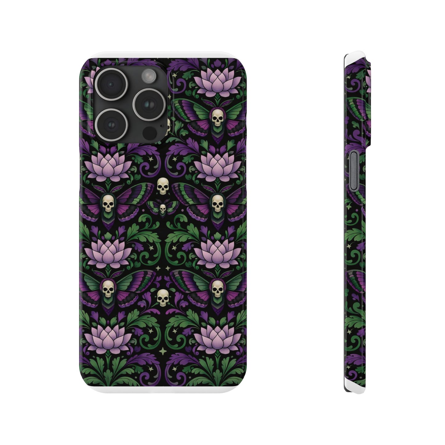Gothic Lotus & Skull Slim Phone Case — Dark Floral Pattern for iPhone