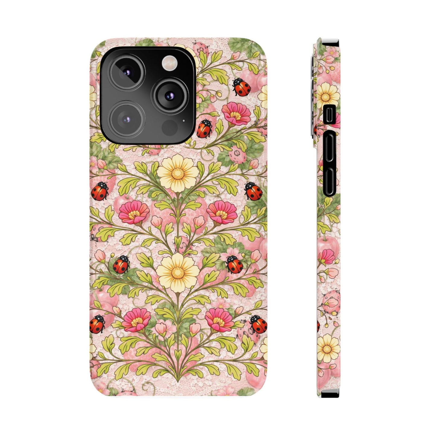 Floral Ladybug Slim Phone Case — Vintage Botanical Pink Garden Design