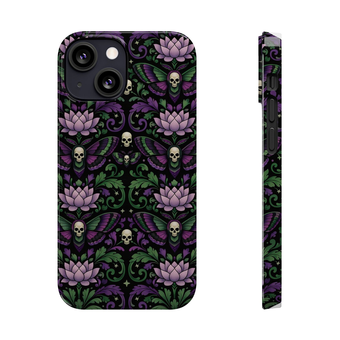 Gothic Lotus & Skull Slim Phone Case — Dark Floral Pattern for iPhone