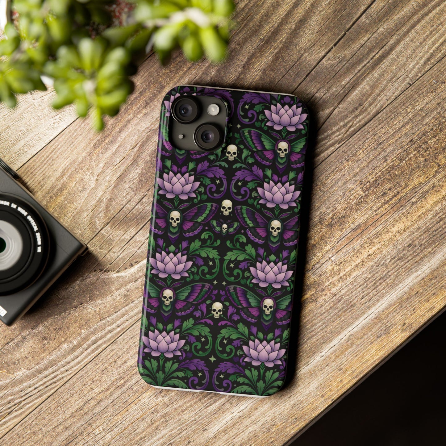 Gothic Lotus & Skull Slim Phone Case — Dark Floral Pattern for iPhone