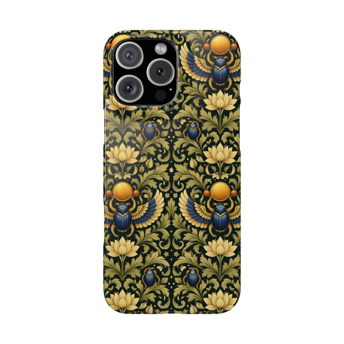 Slim Phone Case — Vintage Egyptian Scarab & Lotus Pattern (Gold on Olive)