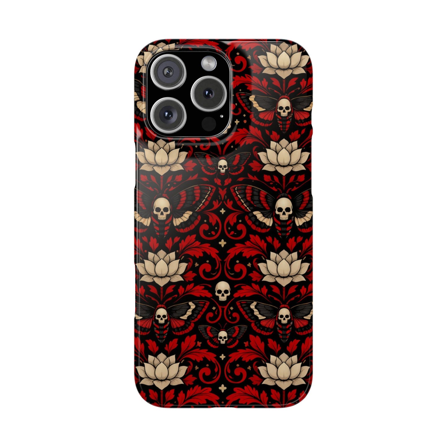 Gothic Skull & Lotus Slim Phone Case — Red Damask Moth Pattern