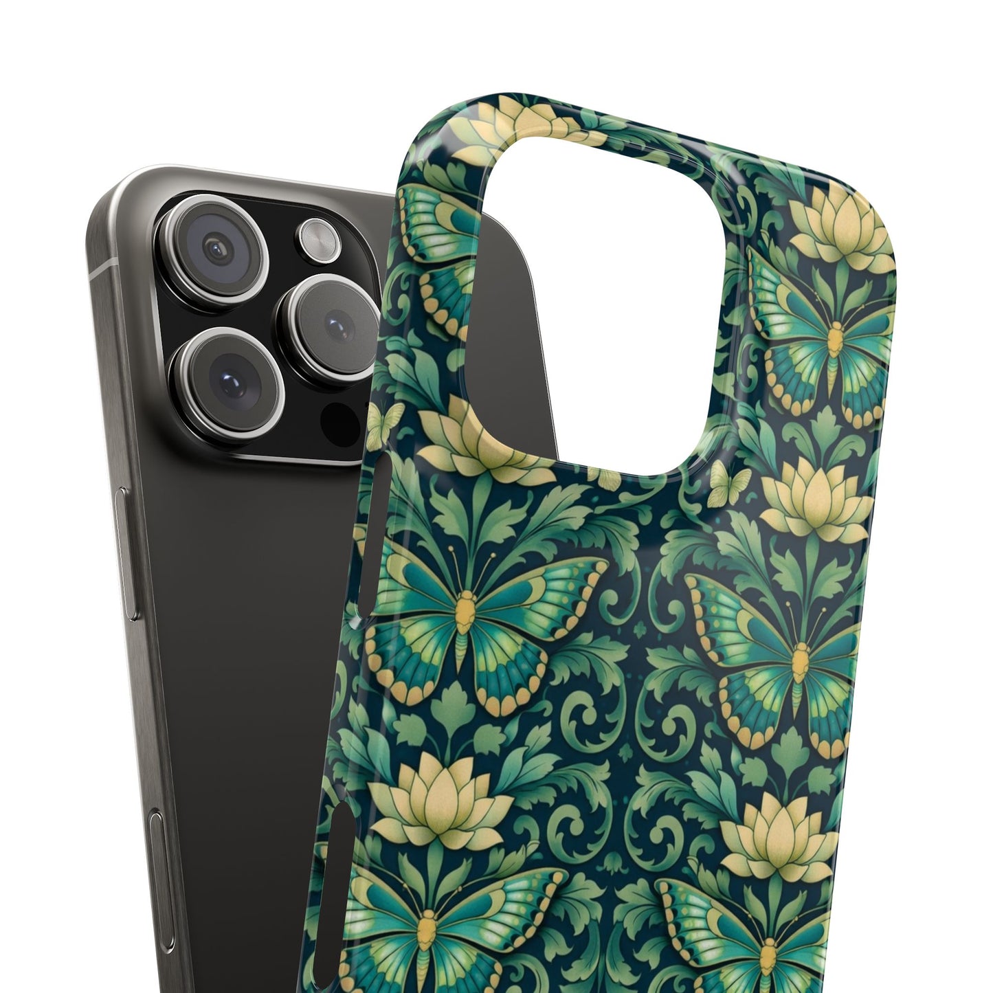 Slim Phone Case — Vintage Green Butterfly & Lotus Pattern