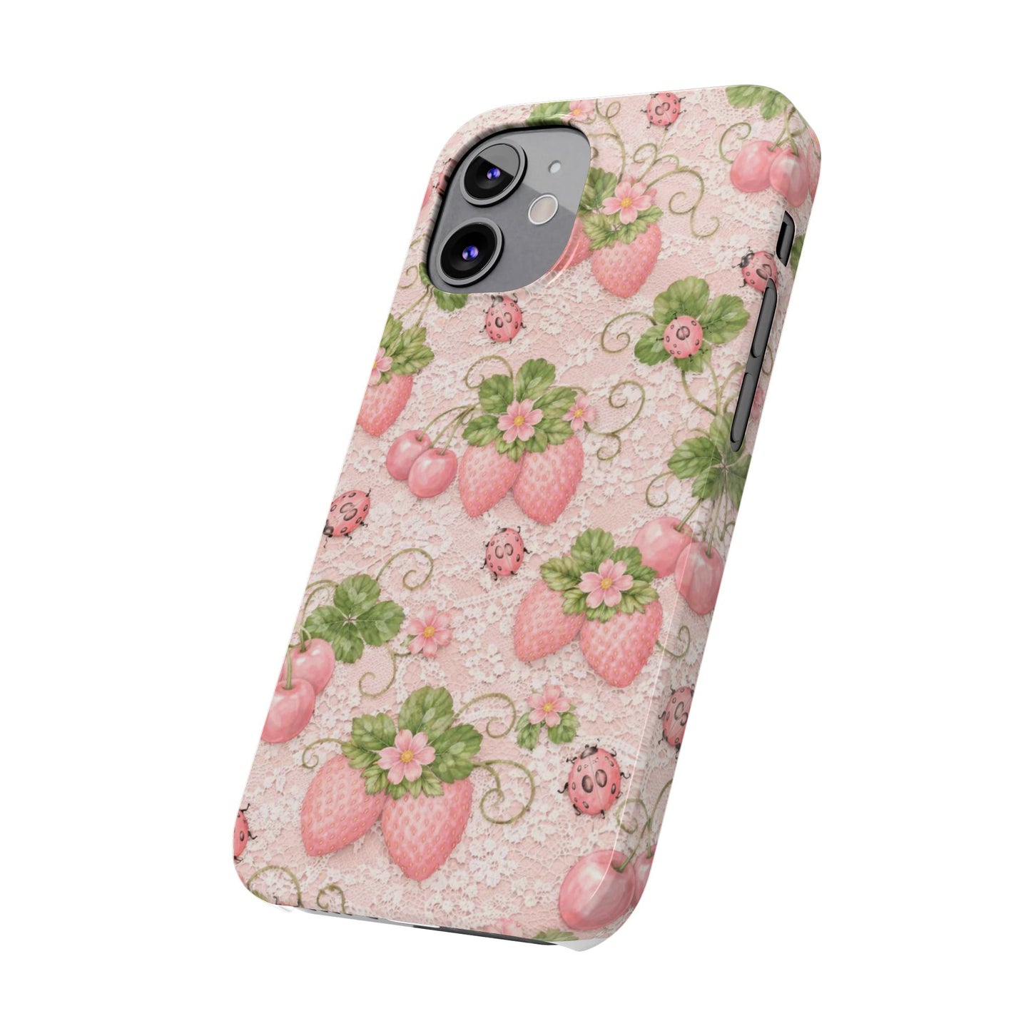 Strawberry Pattern Slim Phone Case — Vintage Pink Floral Fruit Design