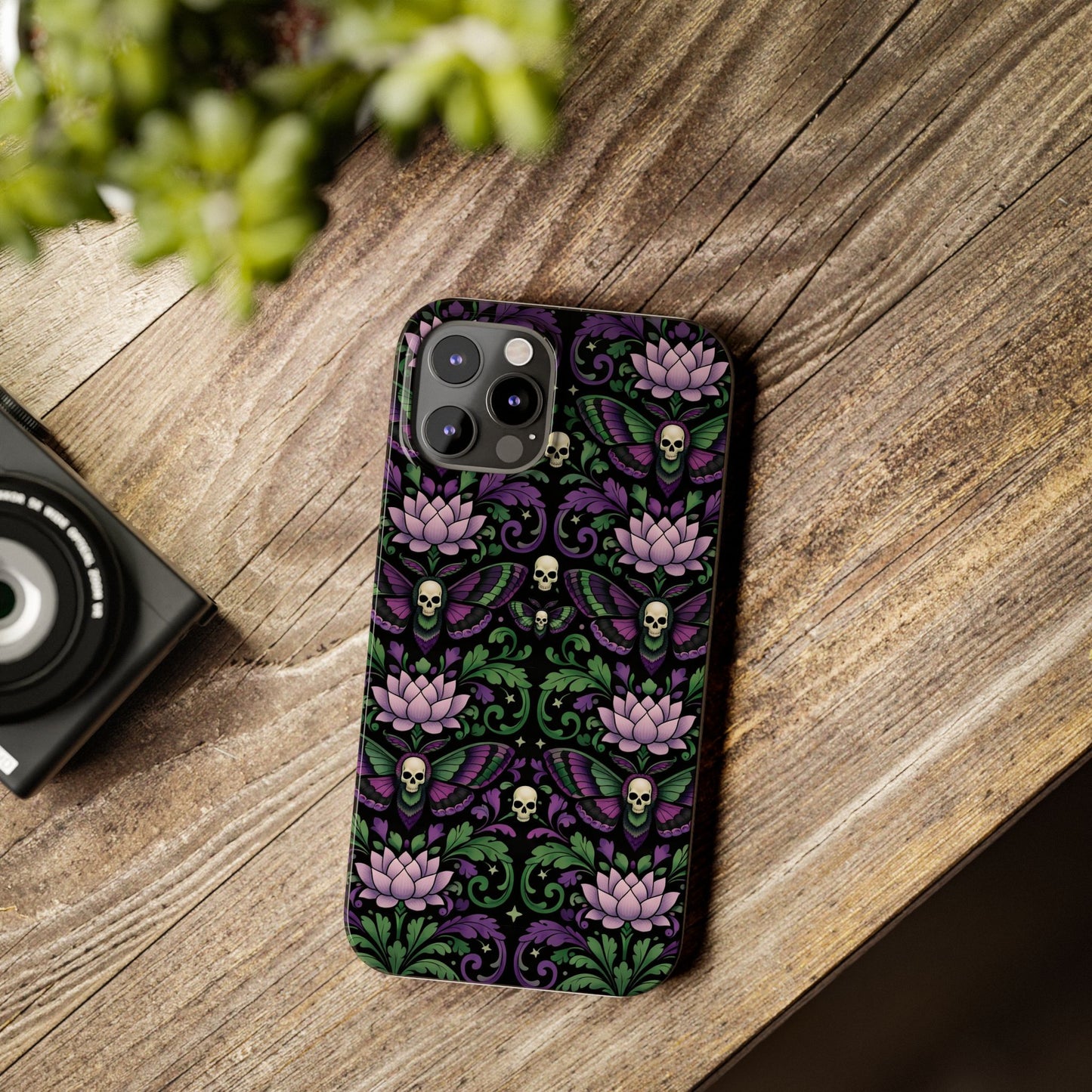 Gothic Lotus & Skull Slim Phone Case — Dark Floral Pattern for iPhone