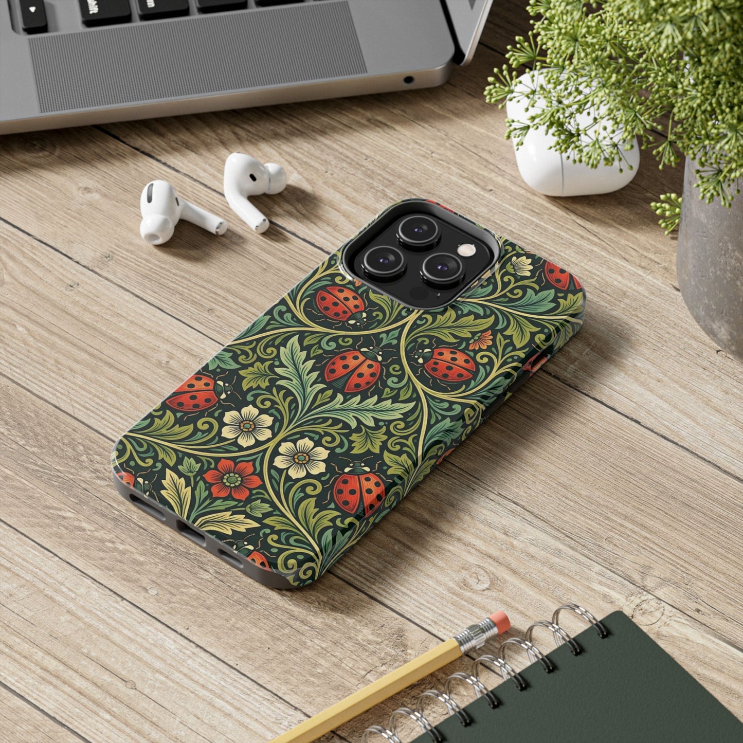 Vintage Floral Ladybug Tough Phone Case — Botanical Victorian Pattern