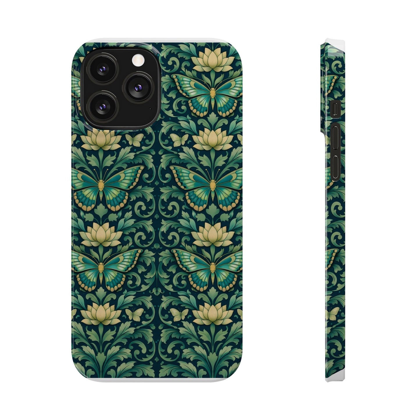Slim Phone Case — Vintage Green Butterfly & Lotus Pattern