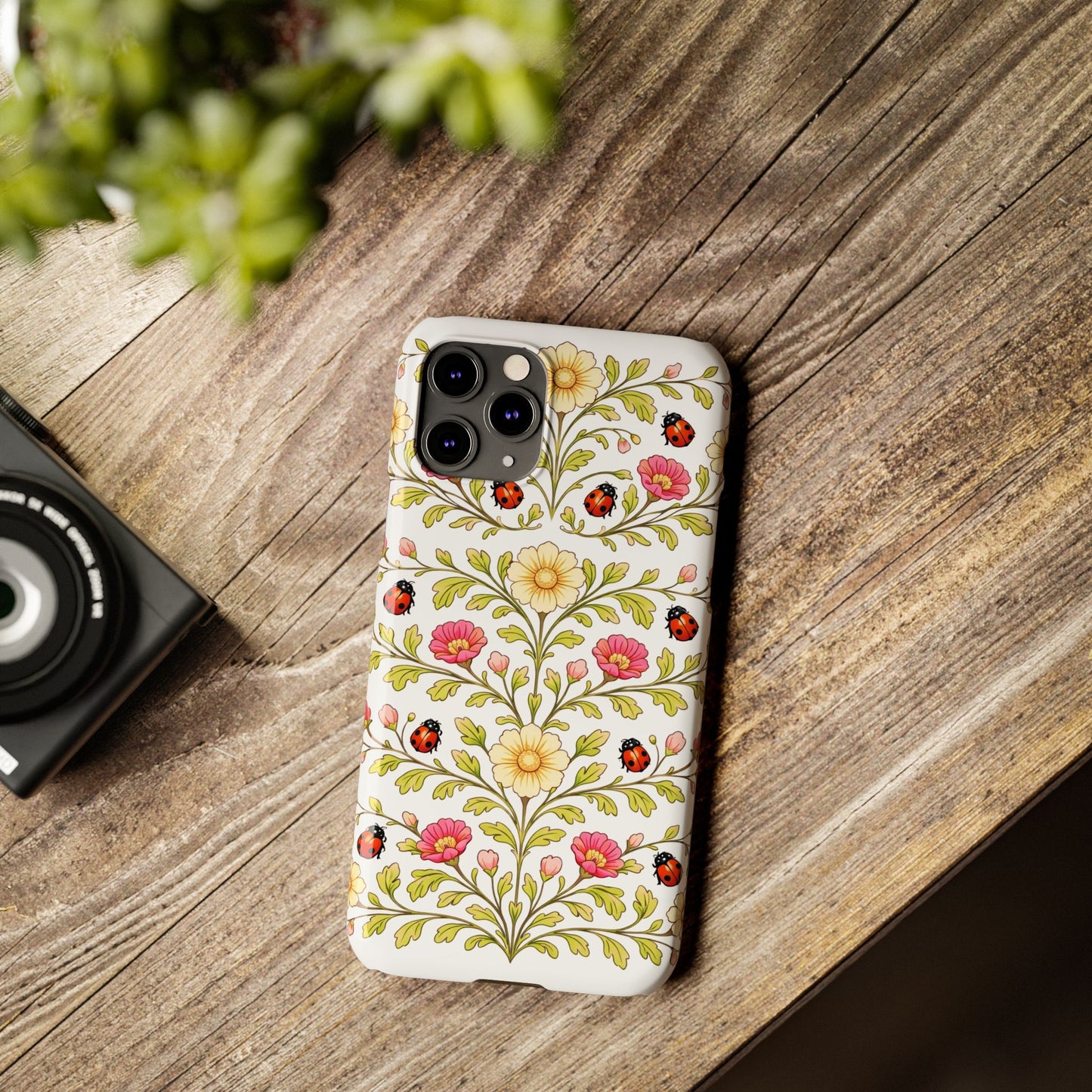 Floral Ladybug Slim Phone Case — Vintage Garden Pattern