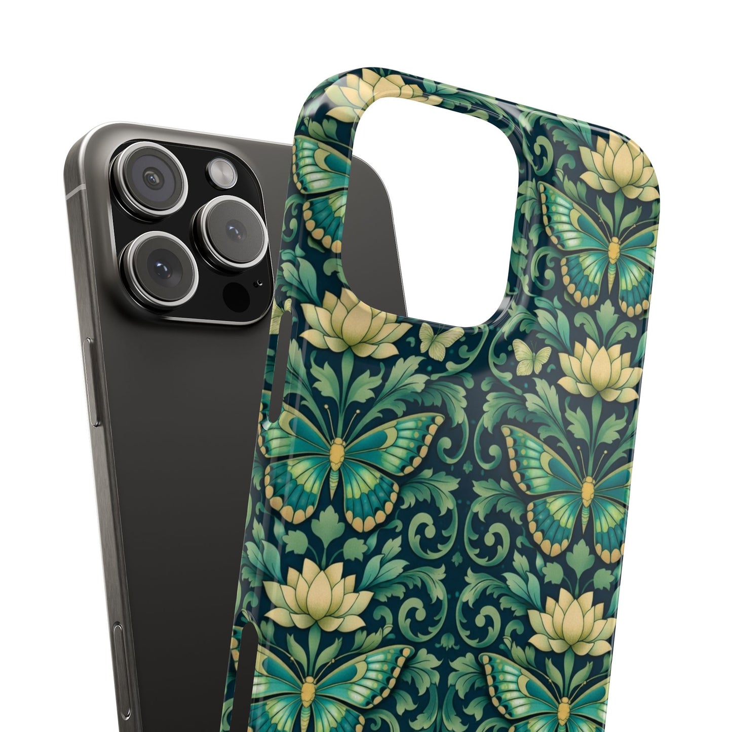 Slim Phone Case — Vintage Green Butterfly & Lotus Pattern