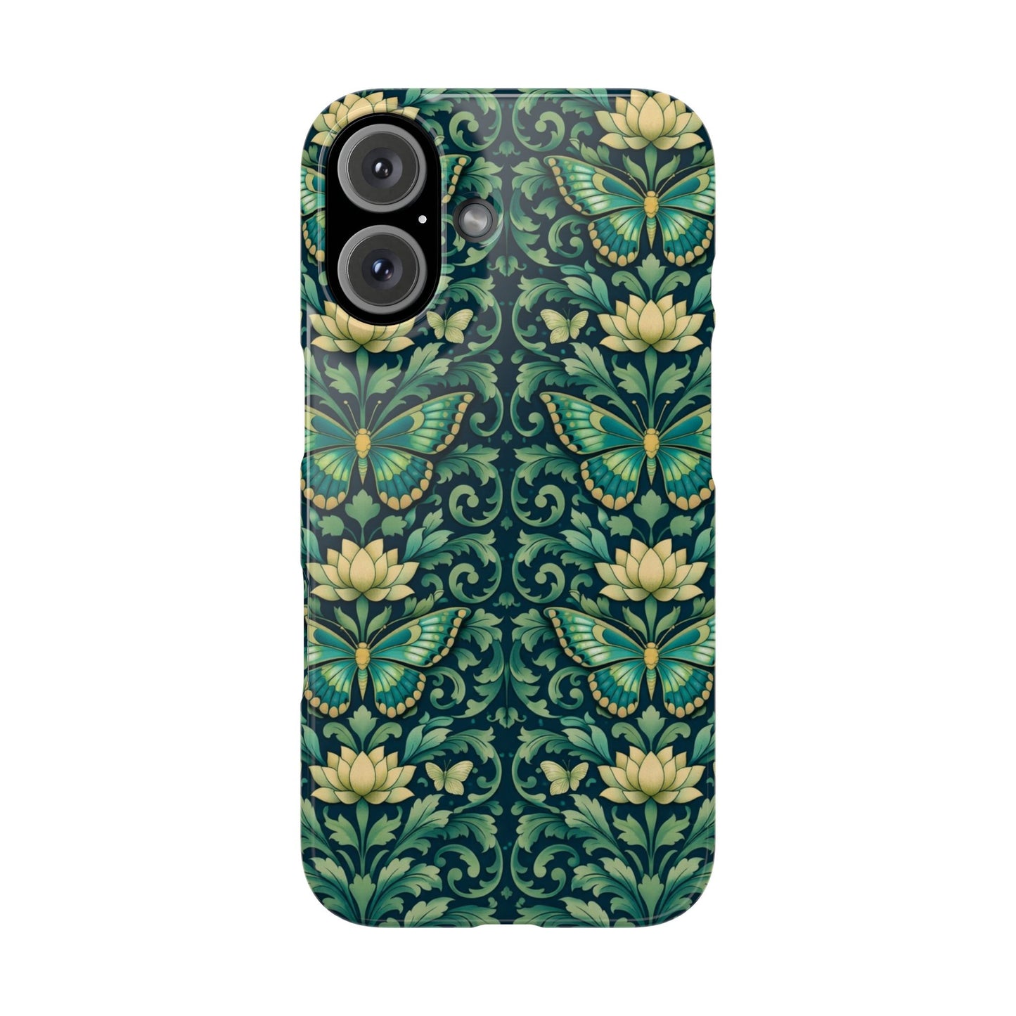 Slim Phone Case — Vintage Green Butterfly & Lotus Pattern