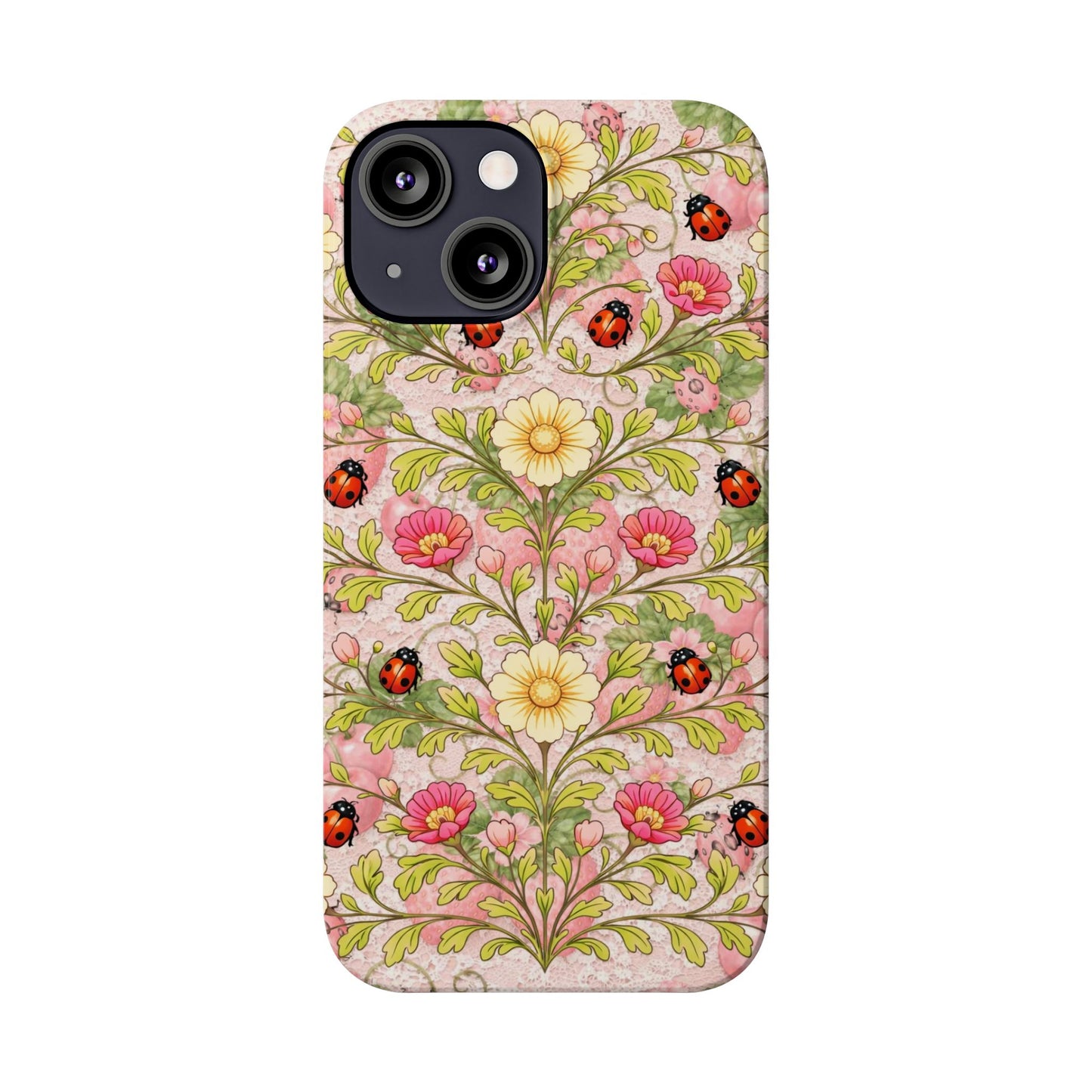 Floral Ladybug Slim Phone Case — Vintage Botanical Pink Garden Design