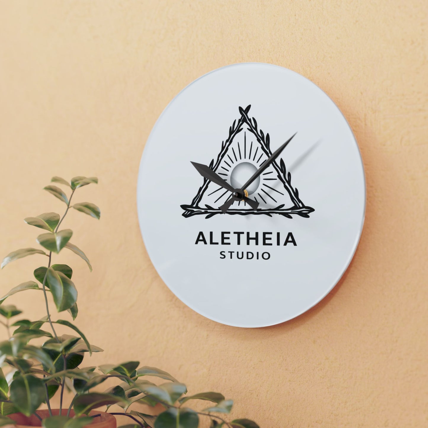 Aletheia Studio Logo Acrylic Wall Clock | Minimal Sunray Triangle Design