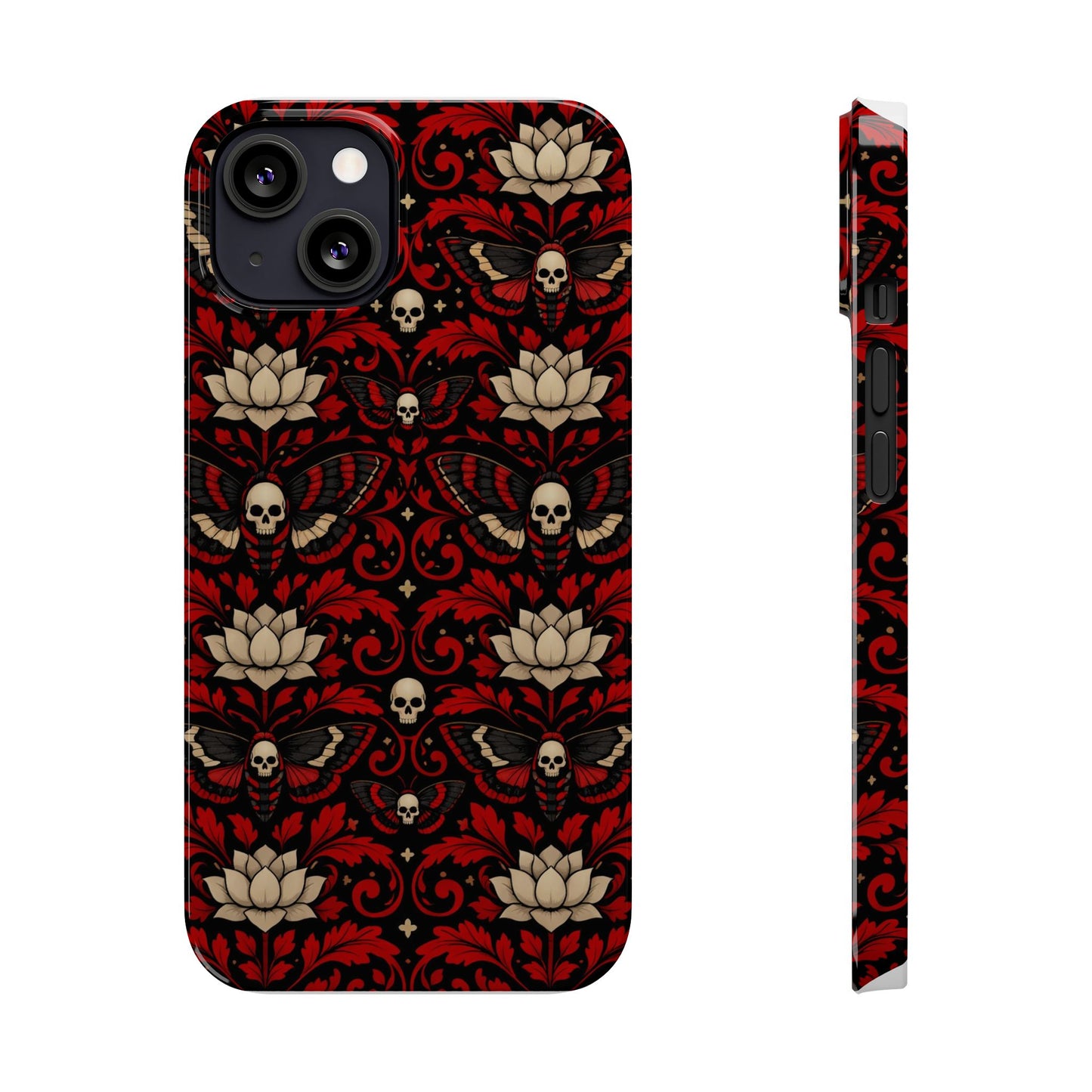 Gothic Skull & Lotus Slim Phone Case — Red Damask Moth Pattern