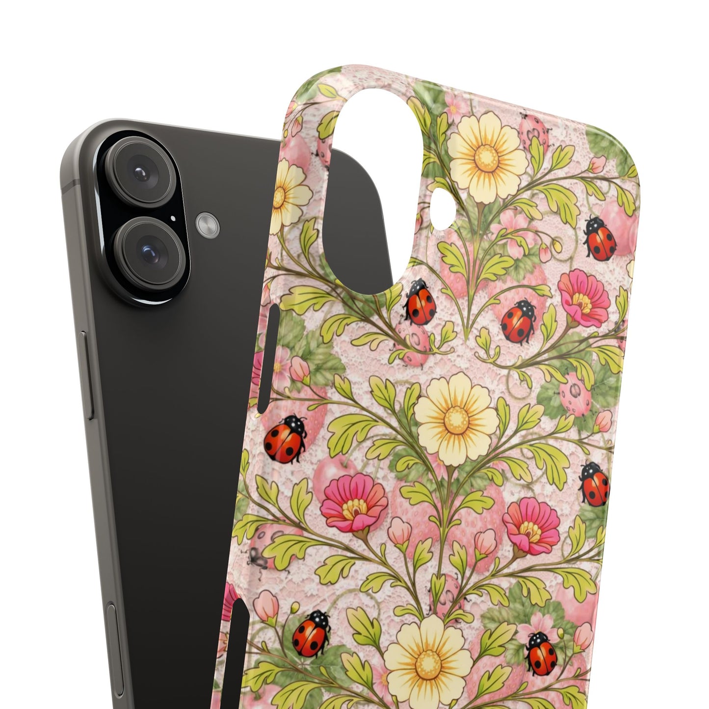 Floral Ladybug Slim Phone Case — Vintage Botanical Pink Garden Design