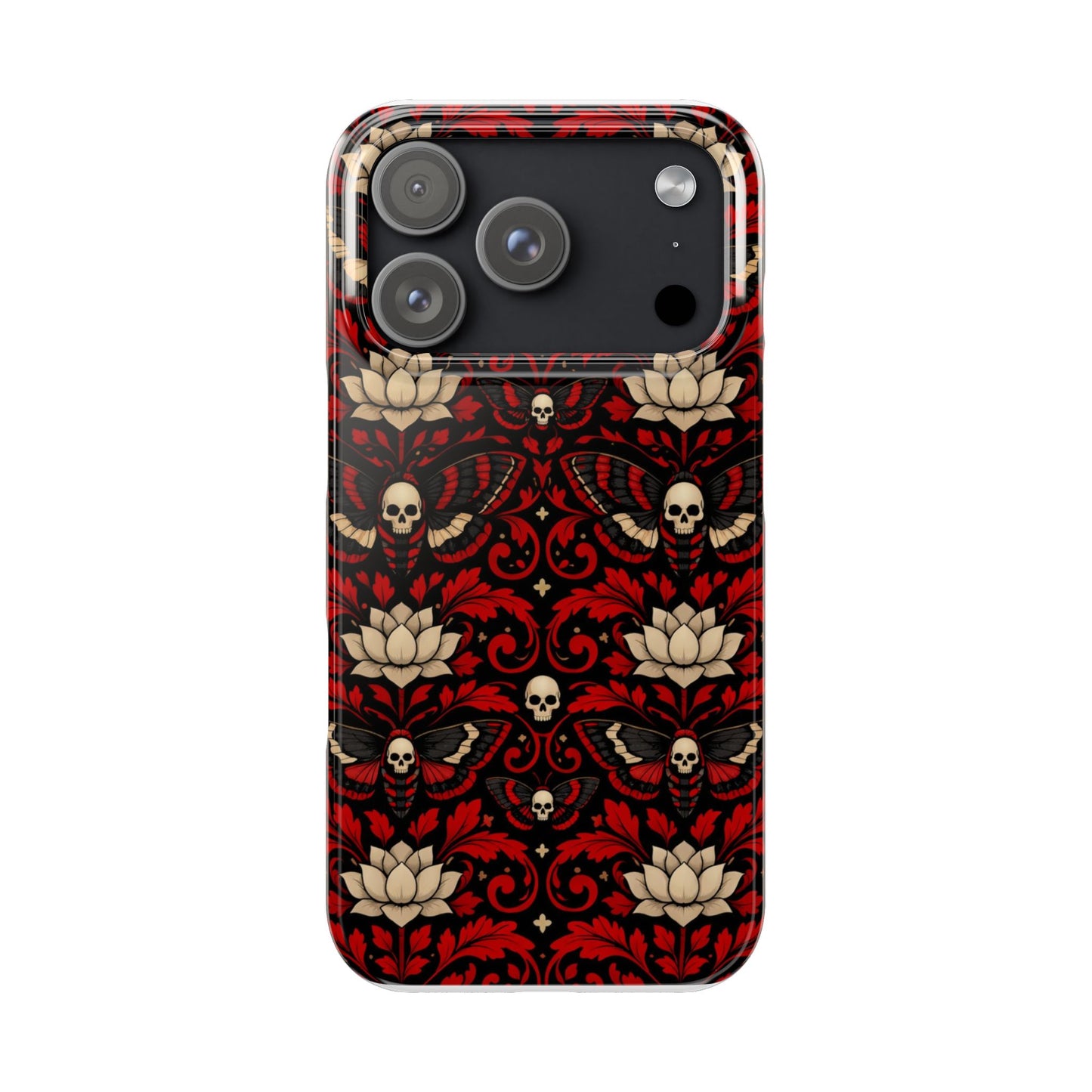 Gothic Skull & Lotus Slim Phone Case — Red Damask Moth Pattern