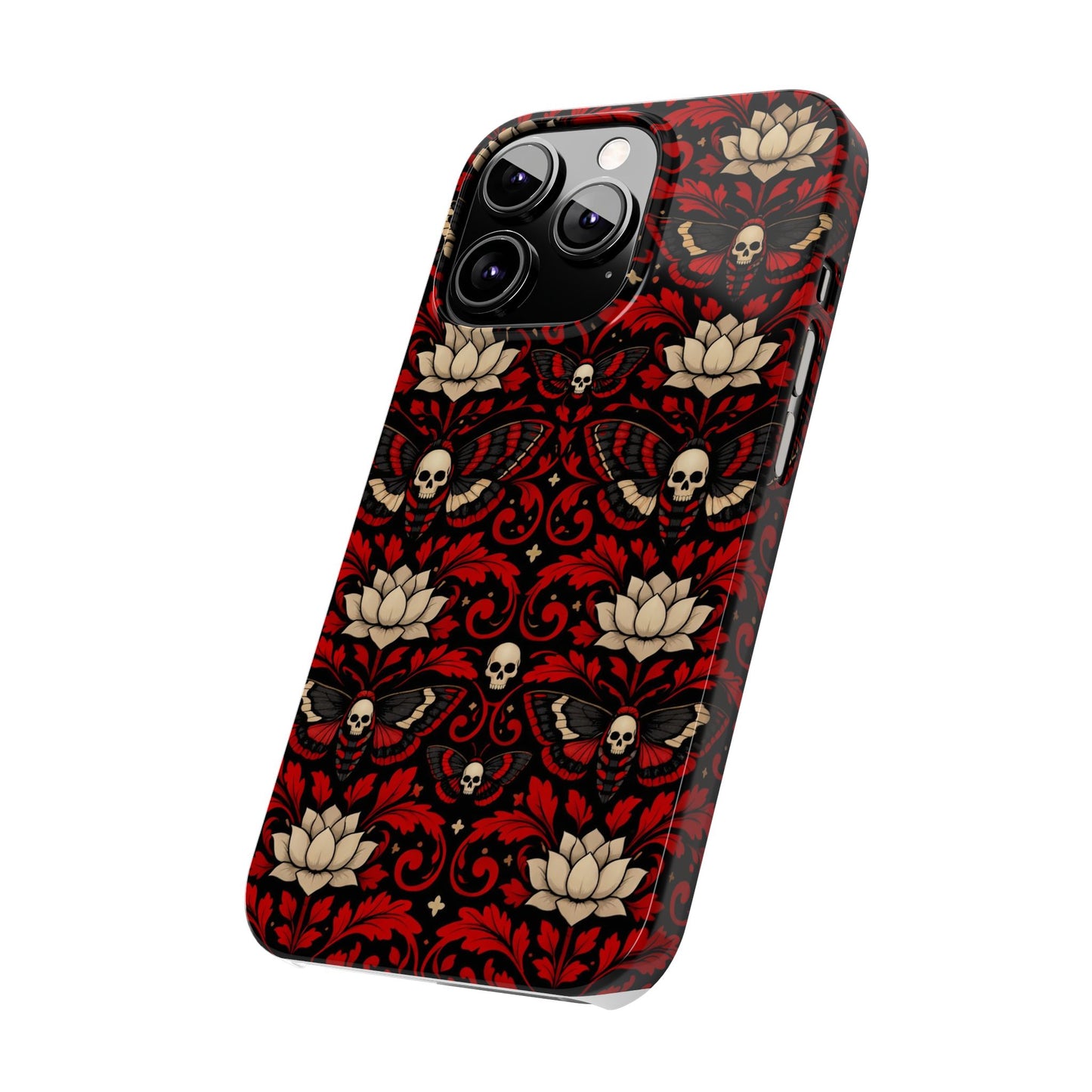 Gothic Skull & Lotus Slim Phone Case — Red Damask Moth Pattern