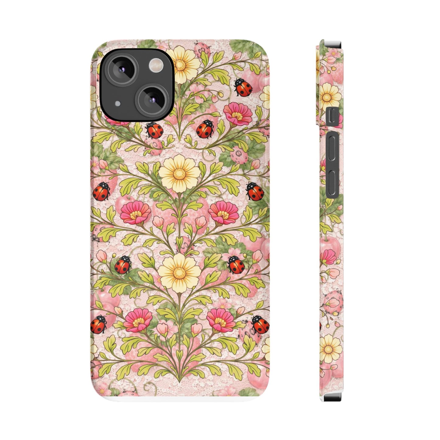 Floral Ladybug Slim Phone Case — Vintage Botanical Pink Garden Design