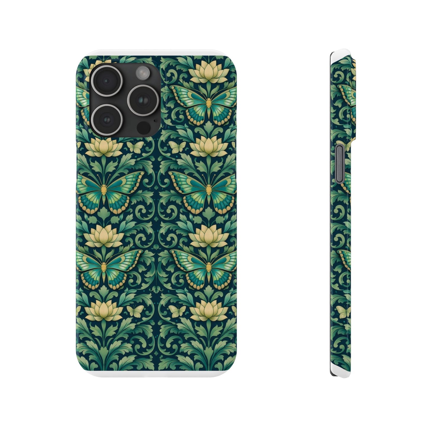 Slim Phone Case — Vintage Green Butterfly & Lotus Pattern